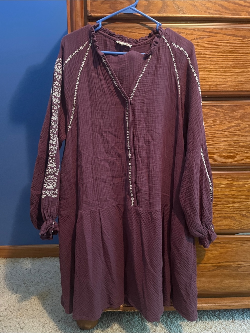 easel Plum Embroidered Long Sleeve Peasant Dress